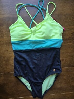 Justice One Piece Swimsuit Girls L 12/14 Colorblock Neon Green Blue Criss Cross